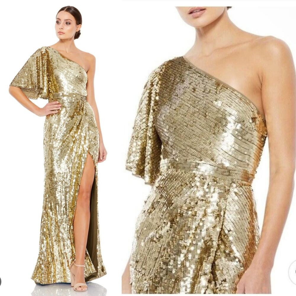 Mac Duggal Formal Gown Sequin Gold One Shoulder 93540 Maxi Dress 2